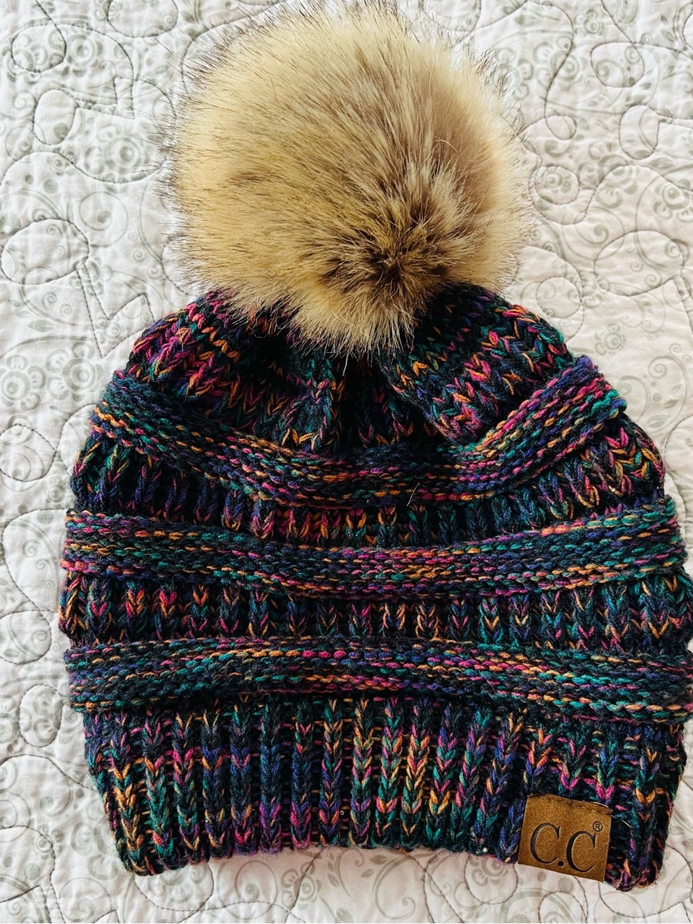 C.C Multicolor Knit Beanie with Bright Accents & PomPom Winter Warm Happy Fun